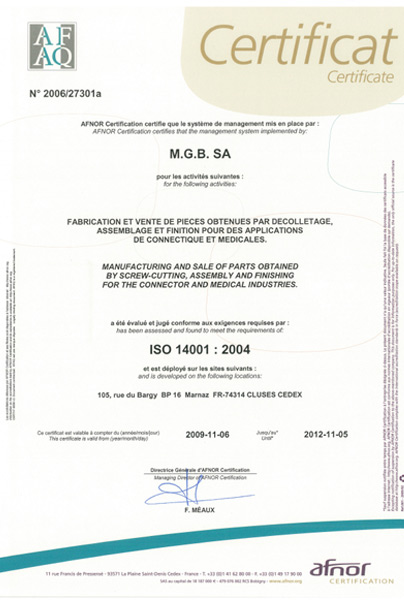 Certificat ISO 14001